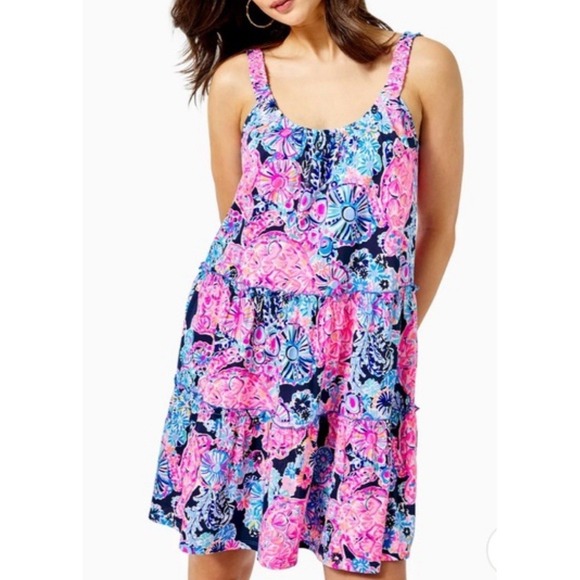 Lilly Pulitzer Dresses & Skirts - Lilly Pulitzer Loro Swing Dress Womens Sz  M  Blue High Tide Floral Pink Tiered
